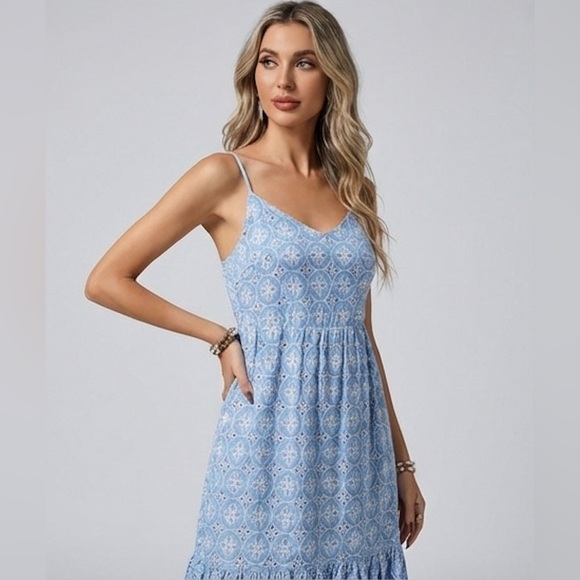 Blue & White Boho Eyelet Embroidered Tiered Maxi Dress - Picture 7 of 10